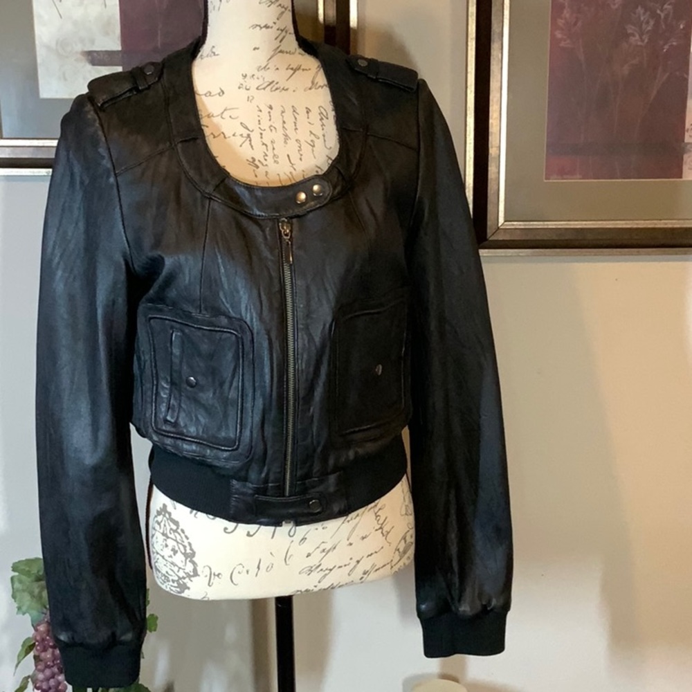 INC Macys Leather Cropped Crew neck Jacket Size Large